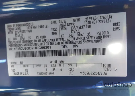 2017 Ford Escape Se z USA, uszkodzony, nr VIN 1FMCU9GD2HUC96301